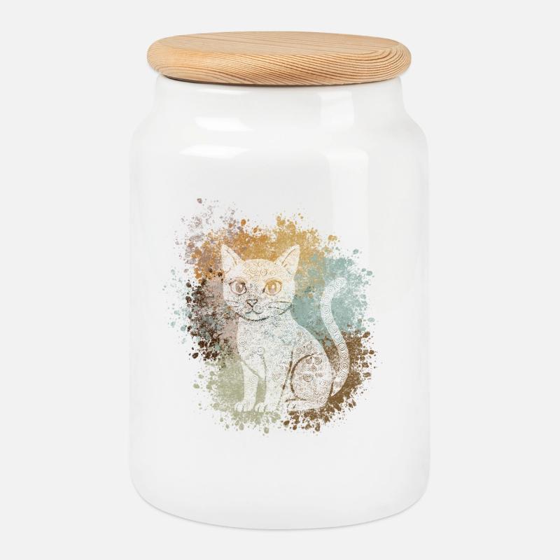 Chat Zentangle - Boîte à biscuits avec couvercle en bois - blanc