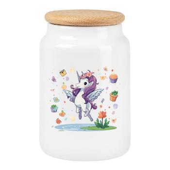 Pastel Unicorn with Confetti Magic - Cookie Jar with Wooden Lid - white - Front