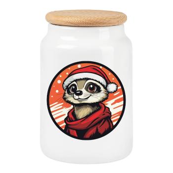 Suricate avec un chapeau de Père Noël - Boîte à biscuits avec couvercle en bois - blanc - Devant