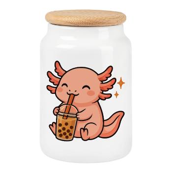 Axolotl avec Bubble Tea, Axolotl kawaii - Boîte à biscuits avec couvercle en bois - blanc - Devant