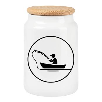 Angler in Boat Silhouette Logo Clean - Cookie Jar with Wooden Lid - white - Front
