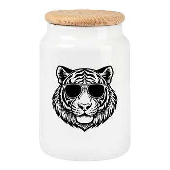 Tête de tigre avec des lunettes de soleil - Boîte à biscuits avec couvercle en bois - blanc - Devant