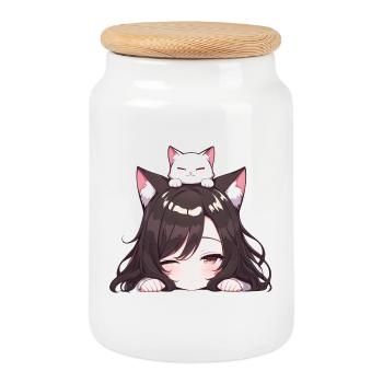 Anime Mädchen mit Katze Neko Girl - Keksdose mit Holzdeckel - Weiß - Vorne