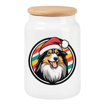 Weihnachtshund mit Santa-Hut - Keksdose mit Holzdeckel - Weiß - Vorne