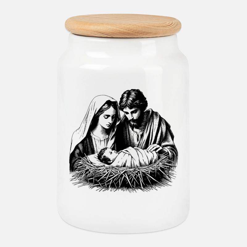 Weihnachtskrippe mit der Sagrada Familia - Keksdose mit Holzdeckel - Weiß