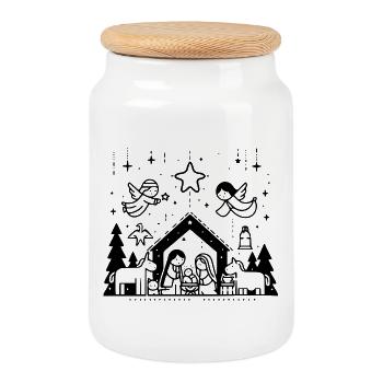 Scène de la crèche de Noël dessinée - Boîte à biscuits avec couvercle en bois - blanc - Devant