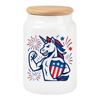 Patriotic Unicorn Power Mascot USA Strength - Cookie Jar with Wooden Lid - white - Front