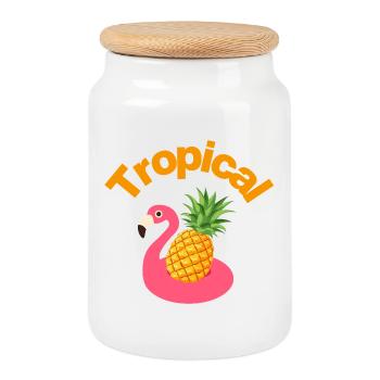 Ambiances tropicales. Flamant rose et ananas. Vacances, temps mort - Boîte à biscuits avec couvercle en bois - blanc - Devant