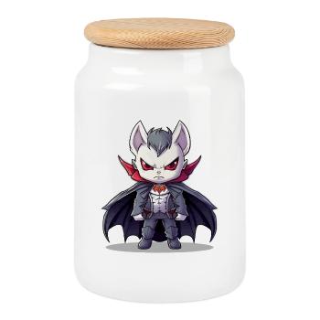 Vampire Chibi en costume avec une cape - Boîte à biscuits avec couvercle en bois - blanc - Devant