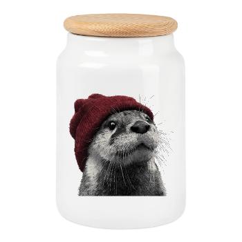 Loutre avec un bonnet rouge – illustration d’animaux d’hiver - Boîte à biscuits avec couvercle en bois - blanc - Devant