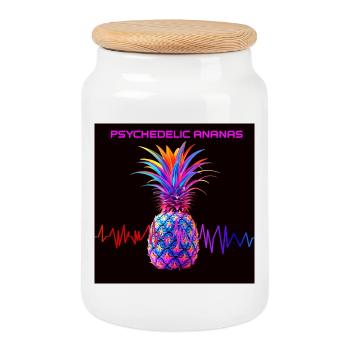 Imprimé néon psychédélique d’ananas - Boîte à biscuits avec couvercle en bois - blanc - Devant