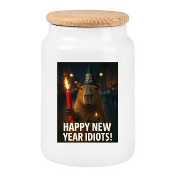 Capybara happy new year idiots - Keksdose mit Holzdeckel - Weiß - Vorne