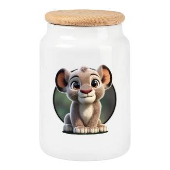 Dessin animé mignon de bébé lionceau - Boîte à biscuits avec couvercle en bois - blanc - Devant