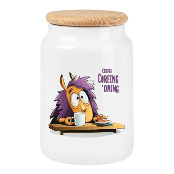 Coffee hedgehog in the morning - Cookie Jar with Wooden Lid - white - Front