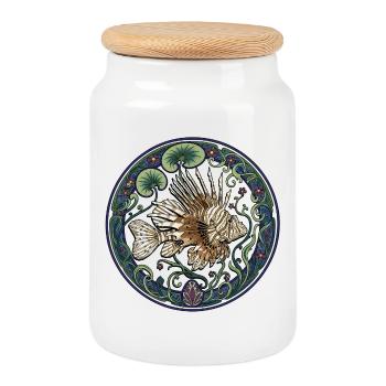 Poisson-lion dans une couronne Art nouveau - Boîte à biscuits avec couvercle en bois - blanc - Devant