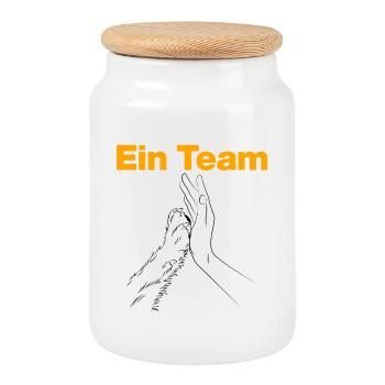 Ein Team – Mensch & Hund, Pfote, Hundeliebe - Keksdose mit Holzdeckel - Weiß - Vorne