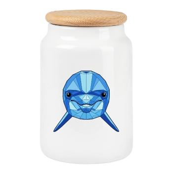 Geometric Blue Dolphin - Cookie Jar with Wooden Lid - white - Front