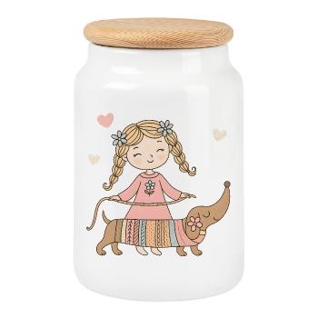 Fille avec teckel – Dessin animalier pour enfants mignons - Boîte à biscuits avec couvercle en bois - blanc - Devant