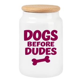 Dogs Before Dudes Dog Love Statement - Cookie Jar with Wooden Lid - white - Front