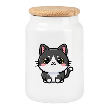 Chibi-Katzen-Anhänger - Keksdose mit Holzdeckel - Weiß - Vorne