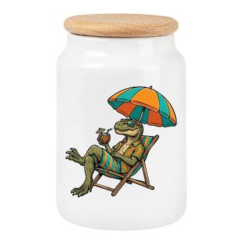 Dinosaure de plage au look tropical - Boîte à biscuits avec couvercle en bois - blanc - Devant