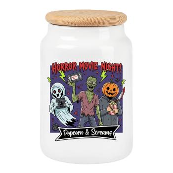 Horror Movie Night: Popcorn & Screams - Cookie Jar with Wooden Lid - white - Front