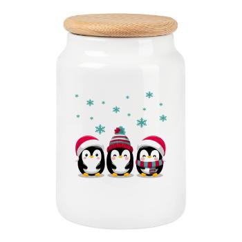 Drei Pinguine mit Weihnachtsmützen - Keksdose mit Holzdeckel - Weiß - Vorne