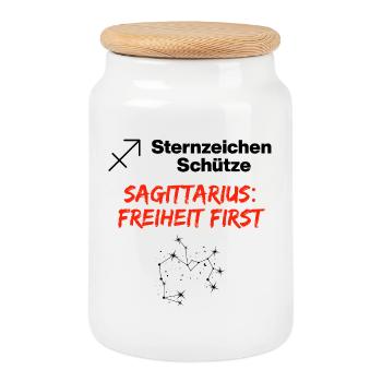 Zodiac sign Sagittarius – Freedom first - Cookie Jar with Wooden Lid - white - Front