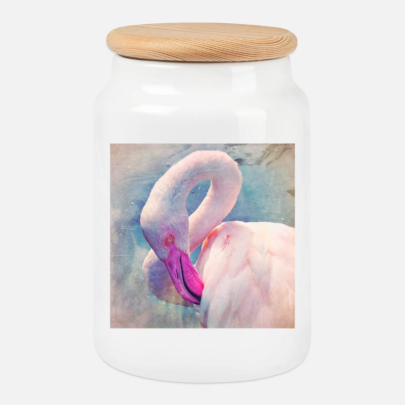 Flamingo in pastel light - Cookie Jar with Wooden Lid - white
