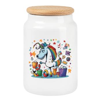 Bunter Einhorn Partychaos - Keksdose mit Holzdeckel - Weiß - Vorne