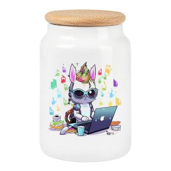 Unicorn Tech-Gamer im Kreativstudio - Keksdose mit Holzdeckel - Weiß - Vorne