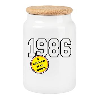 1986 Legend Born , 40 Birthday - Cookie Jar with Wooden Lid - white - Front