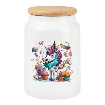 Motif coloré de fête licorne - Boîte à biscuits avec couvercle en bois - blanc - Devant