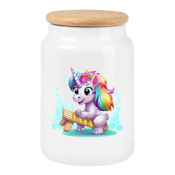 Rainbow Unicorn Sleigh - Cookie Jar with Wooden Lid - white - Front