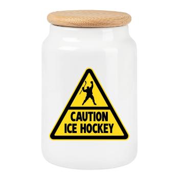 Caution Hockey Hockey Player Warning - Cookie Jar with Wooden Lid - white - Front