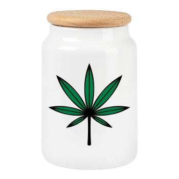 Cannabis / Marijuana / Hemp Leaf (2C) - Cookie Jar with Wooden Lid - white - Front