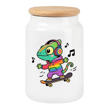 Caméléon Arc en Ciel sur Skate - Boîte à biscuits avec couvercle en bois - blanc - Devant