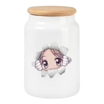Anime Girl Eyes Jetant un œil à l’art du manga en papier déchiré - Boîte à biscuits avec couvercle en bois - blanc - Devant