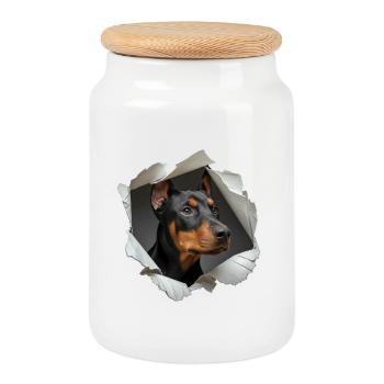 Lustiger spickender Dobermann Pinscher-Hund zerrissen Papier - Keksdose mit Holzdeckel - Weiß - Vorne