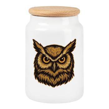 Illustration de la tête de chouette dorée - Boîte à biscuits avec couvercle en bois - blanc - Devant