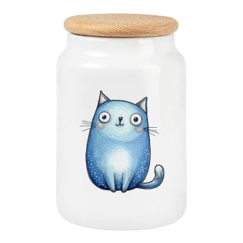 Little Blue Cat – Poetic and Childlike Drawing - Cookie Jar with Wooden Lid - white - Front