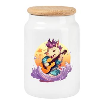 Kawaii Drache mit Gitarre am Meer - Keksdose mit Holzdeckel - Weiß - Vorne
