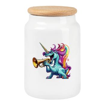 Buntes Einhorn Trompete - Keksdose mit Holzdeckel - Weiß - Vorne