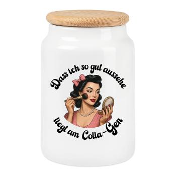 Colla-Gen – Beauty with a sense of humour | Retro Illustration - Cookie Jar with Wooden Lid - white - Front