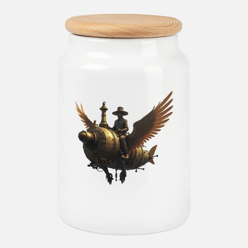 Steampunk Ranchflug mit Flügeln - Keksdose mit Holzdeckel - Weiß