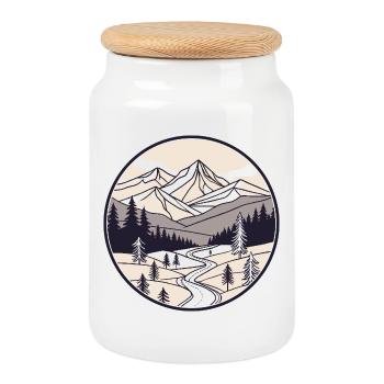 Mountains and Pines Circle - Cookie Jar with Wooden Lid - white - Front