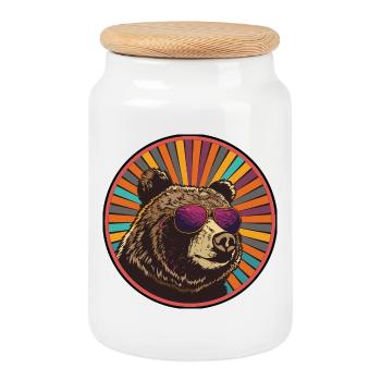 Bear with retro sunglasses - Cookie Jar with Wooden Lid - white - Front