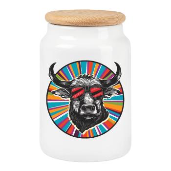 Art de fesses de taureau avec lunettes de soleil - Boîte à biscuits avec couvercle en bois - blanc - Devant