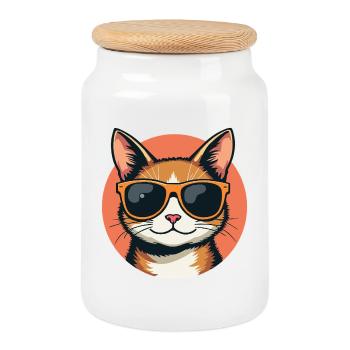 Cool cat with sunglasses cat portrait - Cookie Jar with Wooden Lid - white - Front
