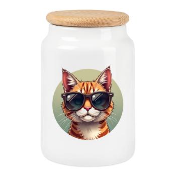 Cool cat with sunglasses cat portrait - Cookie Jar with Wooden Lid - white - Front